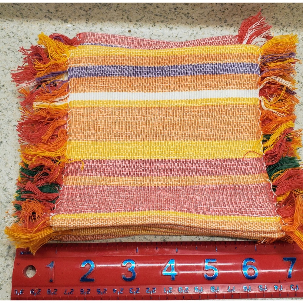 Time to Celebrate Mug Rug Coasters Set of 4 Multicolor Cotton Excellent Fringe - Picture 9 of 10